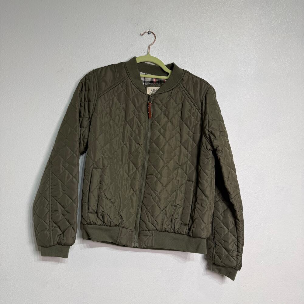 Ashley Olive Green Quilted Bomber Jacket Plaid Lined Sz M - Picture 2 of 9
